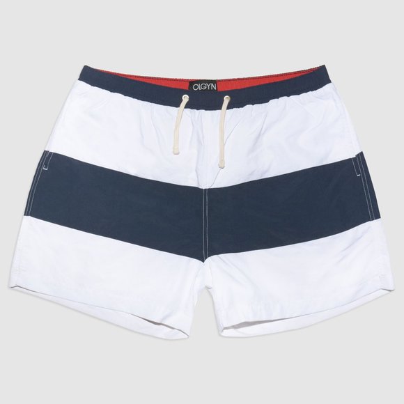 OLGYN Men’s Navy Blue White Striped Swim Shorts - Picture 3 of 6
